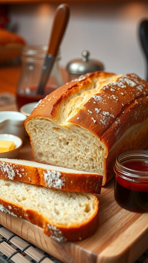 Freshly baked no yeast bread loaf sliced on a wooden board with butter and jam.